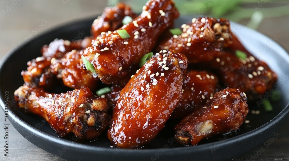 A beautifully styled plate of crispy fried chicken wings coated in a spicy glaze, garnished with sesame seeds. The image showcases the bold flavors and crunchy texture. A beautifully styled plate of crispy fried chicken wings coated in a spicy glaze, garnished with sesame seeds. The image showcases the bold flavors and crunchy texture.