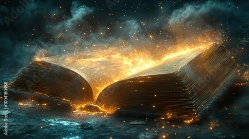 enchanting illustration of an ancient magical book glowing softly surrounded by sparkling wisps of light and ethereal elements inviting curiosity and adventure in a fantasy realm photo