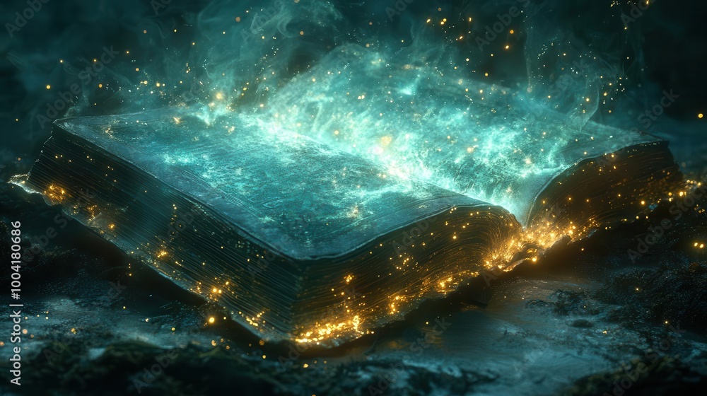 Obraz premium enchanting illustration of an ancient magical book glowing softly surrounded by sparkling wisps of light and ethereal elements inviting curiosity and adventure in a fantasy realm