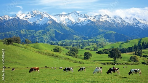 A picturesque scene of a dairy farm in New Zealand, with cows grazing on lush green pastures against a backdrop of snow-capped mountains. The image celebrates sustainable dairy farming practices.
