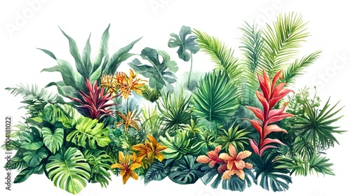 Vibrant Tropical Foliage Botanical Background with Diverse Lush Leaves and Flowers