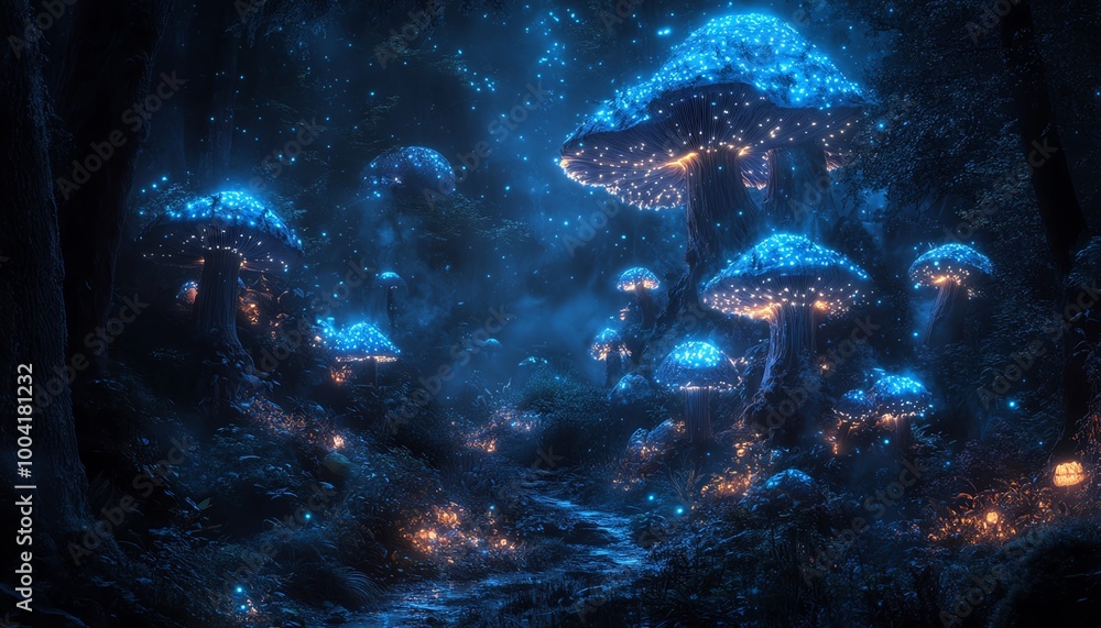 Fototapeta premium Bioluminescent mushrooms lighting up a dark enchanted forest, creating a mystical and otherworldly scene