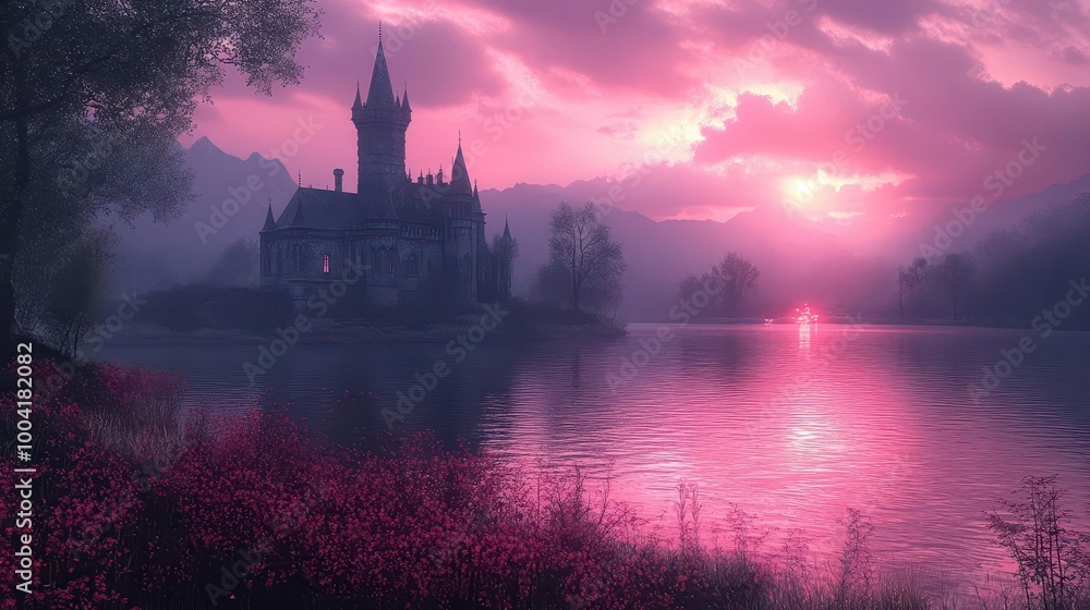 Naklejka premium enigmatic overgrown chateau rising majestically from tranquil waters reflecting an enchanting aura of mystery and forgotten beauty at dusk under a purplehued sky