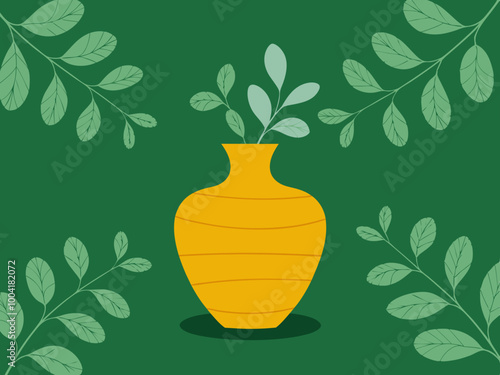 Yellow Vase with Green Leaves Illustration