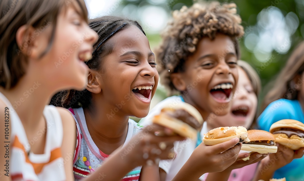 Happy Kids Eating Burgers Together Happy Kids Eating Burgers Together