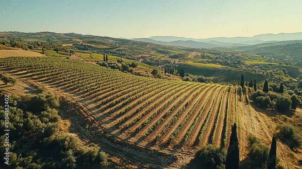 Naklejka premium An aerial shot of a vineyard stretching across rolling hills in a Mediterranean landscape, with grapes ready for harvest. The scenic view highlights the global wine industry.