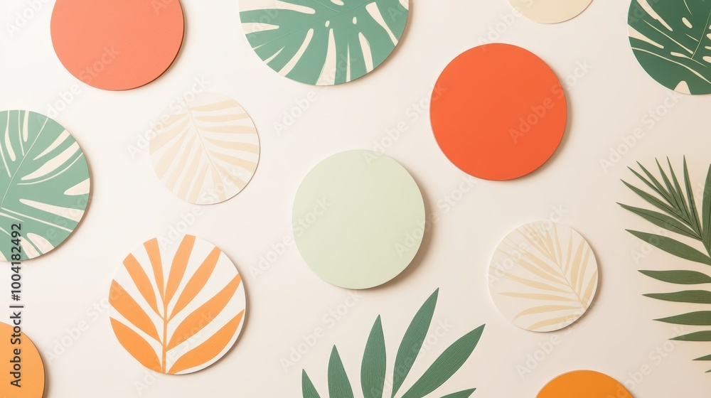 Boho-style paper coasters with tropical leaf designs and vibrant colors on minimalist background Boho-style paper coasters with tropical leaf designs and vibrant colors on minimalist background