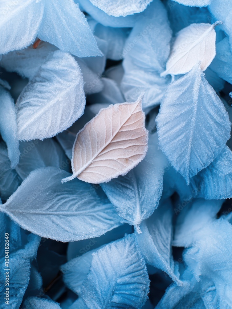 Obraz premium Collection of blue and white leaves creating a calming, soft texture, perfect for nature-inspired designs.