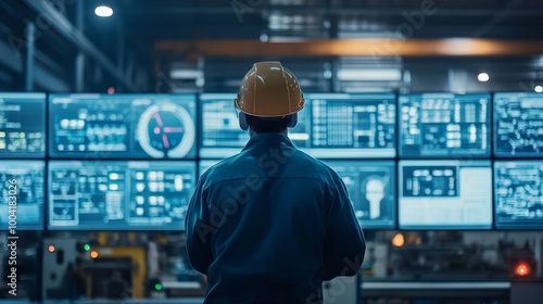 A worker in a hard hat monitors multiple control screens in a high-tech industrial setting, emphasizing technology and safety in the workplace.