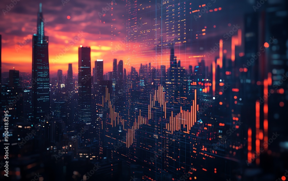 Fototapeta premium Contemporary city business center backdrop featuring a stock market bar chart, illustrating finance and trading themes