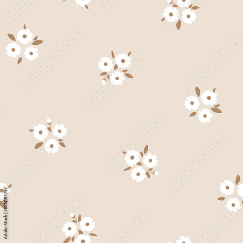 Vector illustration. Seamless pattern of white small flowers on a beige background. Ditsy floral beige pattern, field of flowers, print for fabric, textile, wallpaper, baby clothes, packaging
