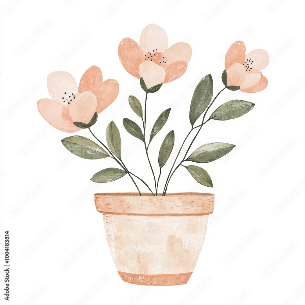 A simple illustration of a flowering plant in a terracotta pot. A simple illustration of a flowering plant in a terracotta pot.