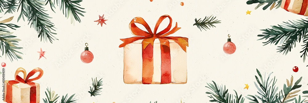 Festive Christmas Gift Wrapped with Red and White Ribbon Surrounded by Pine Branches and Ornaments Festive Christmas Gift Wrapped with Red and White Ribbon Surrounded by Pine Branches and Ornaments