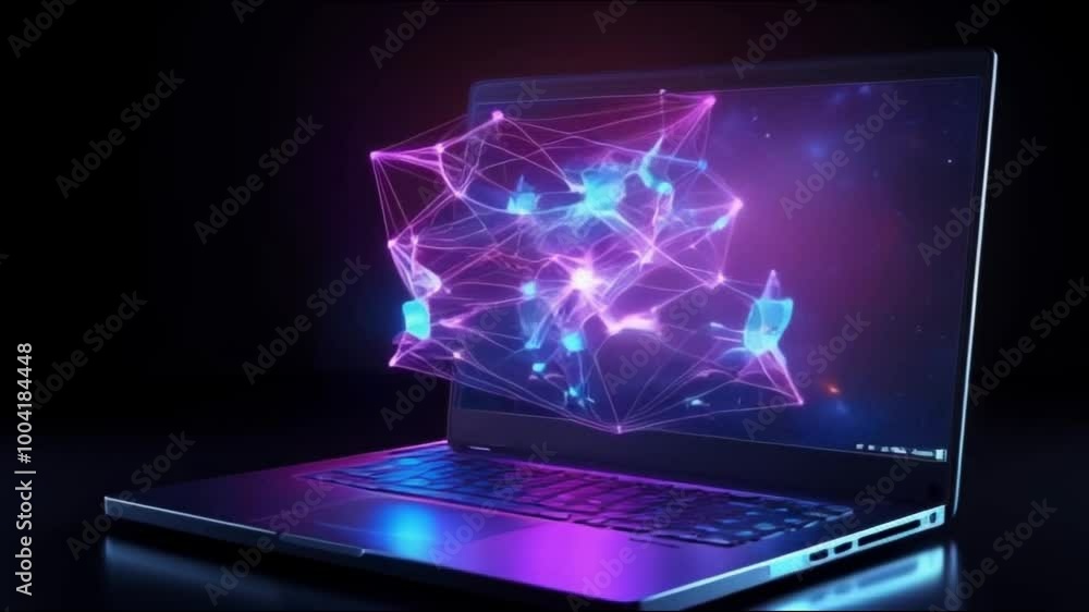 laptop with background system particle hologram network technology motion future laptop with background system particle hologram network technology motion future