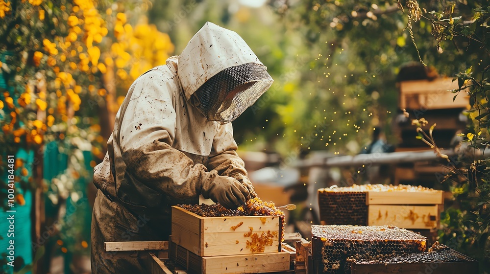 Beekeeper inspecting hives, nature background Beekeeper inspecting hives, nature background