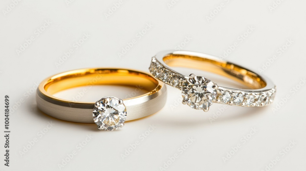 Shiny gold and silver diamond wedding rings, isolated on a clean white background for a luxurious, refined feel. Shiny gold and silver diamond wedding rings, isolated on a clean white background for a luxurious, refined feel.