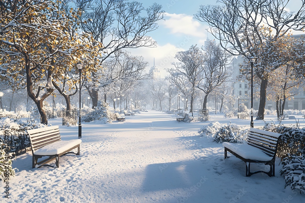 Snow-covered park pathway with benches on a sunny winter day Snow-covered park pathway with benches on a sunny winter day