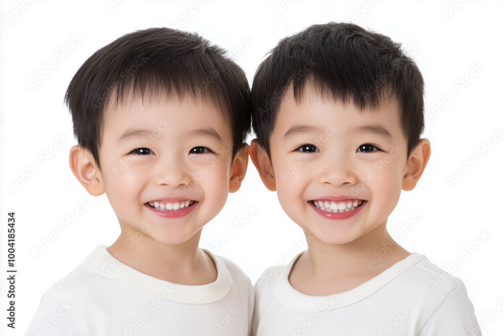 Portrait of two smiling chinese twin boys wearing white shirts, standing side by side against a bright white background Portrait of two smiling chinese twin boys wearing white shirts, standing side by side against a bright white background