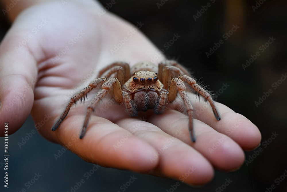 Obraz premium animal by ai // spider in human hand, biggest jumping spider in brown color, dark background, photorealistic