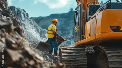 Construction worker with machinery, outdoor site photo