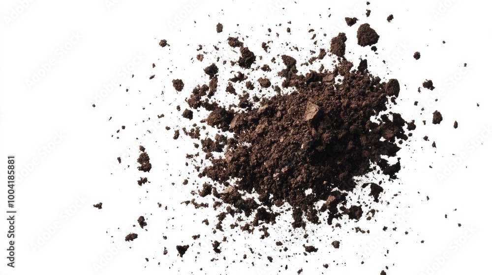 Soil and dirt particles flying and scattering, isolated on a crisp white background for a natural, earthy effect. Soil and dirt particles flying and scattering, isolated on a crisp white background for a natural, earthy effect.