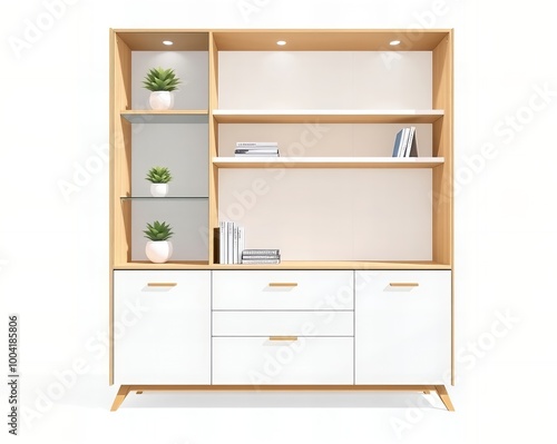 there is a white cabinet with a wooden shelf and a plant.