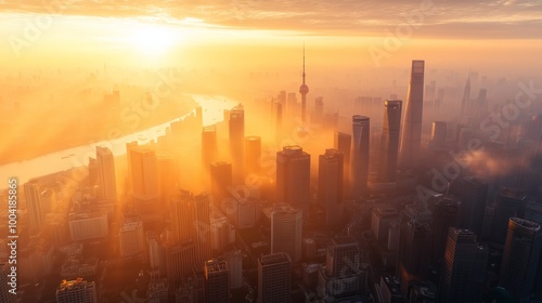 Stunning sunset view of a vibrant city skyline illuminated by golden light over the river in Shanghai