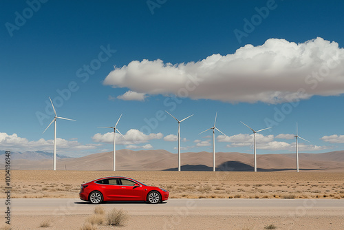 A vibrant electric car drives through vast desert landscape, surrounded by towering wind turbines under bright blue sky. scene captures harmony of technology and nature photo