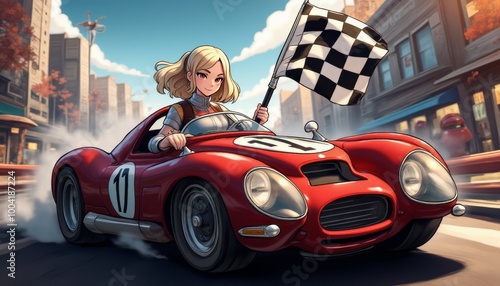 A girl is driving a red race car with the number 11 on it