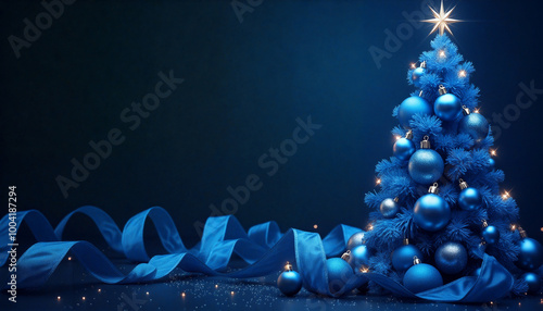 Blue christmas tree with ornaments and ribbon on blue background
