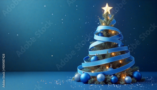 Blue christmas tree with ornaments and ribbon on blue background