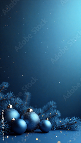 Christmas ornaments resting on blue surface with pine branches