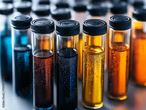 Detailed shot of test tubes with colorful chemical reactions on a pristine white laboratory table, lab chemicals, experimentation in biological research