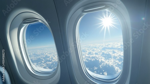 View through an airplane window showing both the interior cabin and the bright, sunny sky outside, offering a dual perspective.