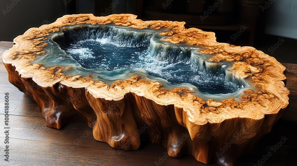 Fototapeta premium exquisite wooden table crafted from epoxy resin featuring unique ocean or river patterns that showcase the natural beauty of the materials this art design emphasizes craftsmanship and elegance