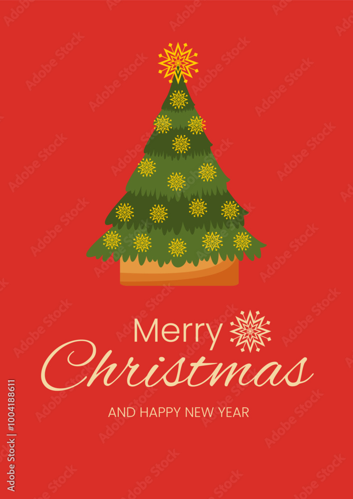 Merry Christmas and New Year greeting card on a red background. Christmas tree decorated with yellow snowflakes. Vector illustration Merry Christmas and New Year greeting card on a red background. Christmas tree decorated with yellow snowflakes. Vector illustration