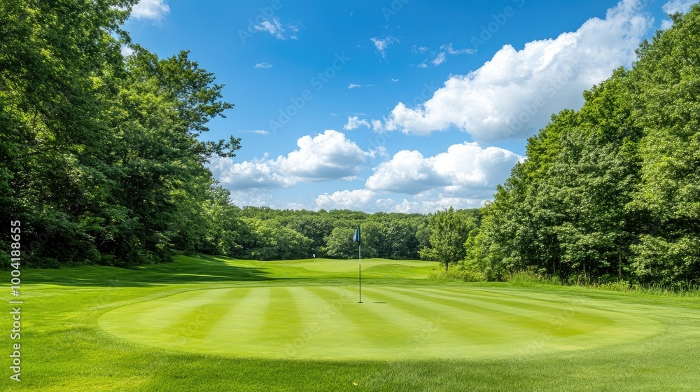 Wide view of a green golf field surrounded by lush woods, with the flag marking the hole in the distance under a blue sky. Wide view of a green golf field surrounded by lush woods, with the flag marking the hole in the distance under a blue sky.