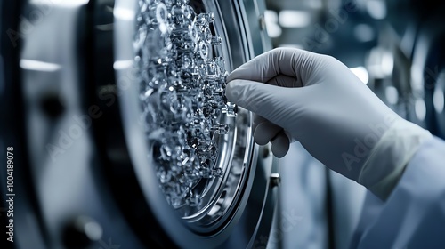 Gloved hands using an autoclave to sterilize microbiological tools, lab autoclave, sterilization in microbiological labs photo