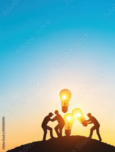 Silhouetted figures collaborating to create innovative ideas represented by glowing light bulbs against a sunset background.