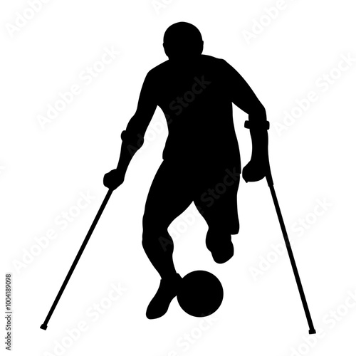 Silhouette of football player with disability.Professional athlete with amputated leg on crutches.Vector isolated illustration.