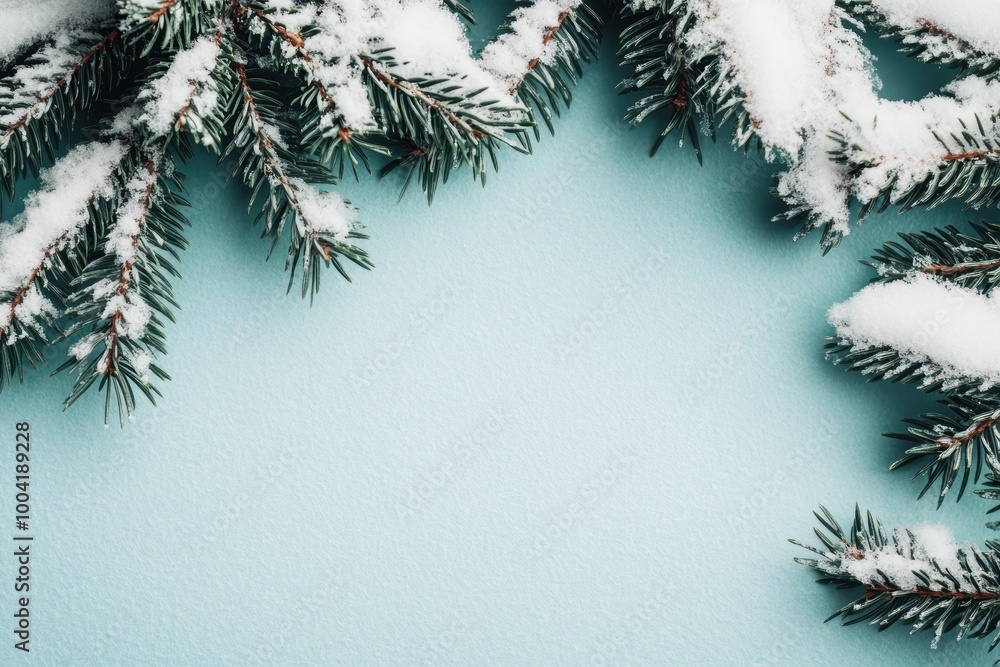 Snow-covered pine branches on a soft blue background creating a serene winter atmosphere. Snow-covered pine branches on a soft blue background creating a serene winter atmosphere.