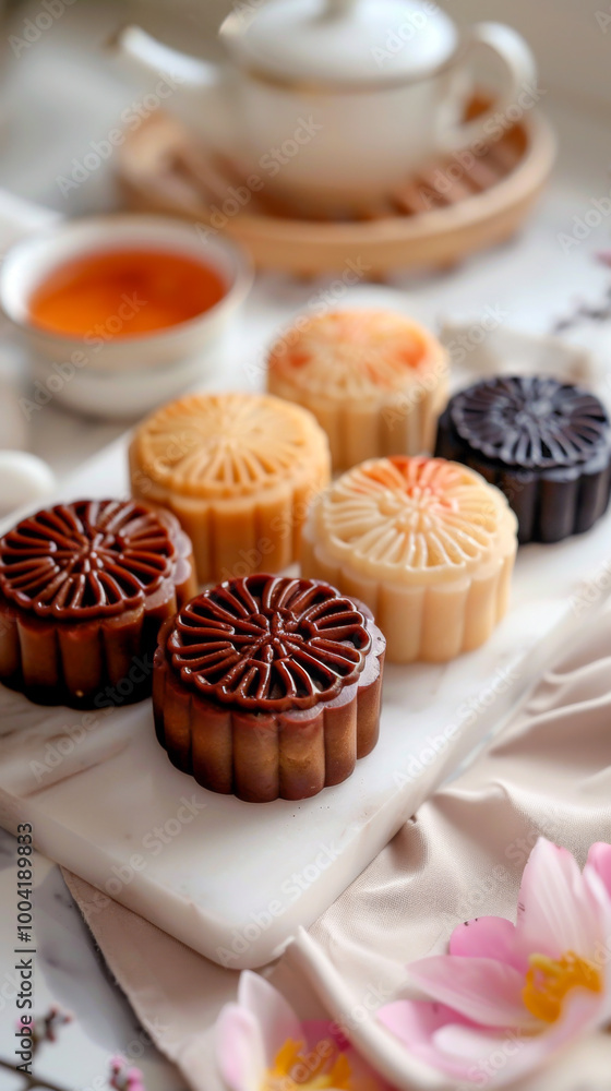 Concept for advertising product on mid autumn festival. Chinese culture holiday. Tea table party decorated with tea set kettle, mooncakes on white board. Side view on Asian tradition dessert Concept for advertising product on mid autumn festival. Chinese culture holiday. Tea table party decorated with tea set kettle, mooncakes on white board. Side view on Asian tradition dessert