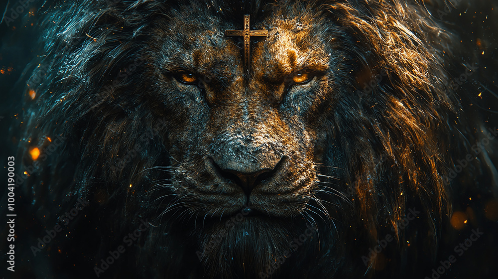 Fototapeta premium Poder e graça natural no majestoso leão e na cruz de cristo 