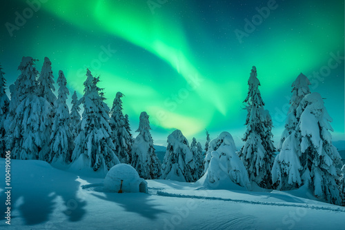 Snowy forest with igloo and Aurora borealis in night sky. Northern lights in winter mountains. Wintry scene with glowing polar lights and snowy icehouse. Christmas postcard