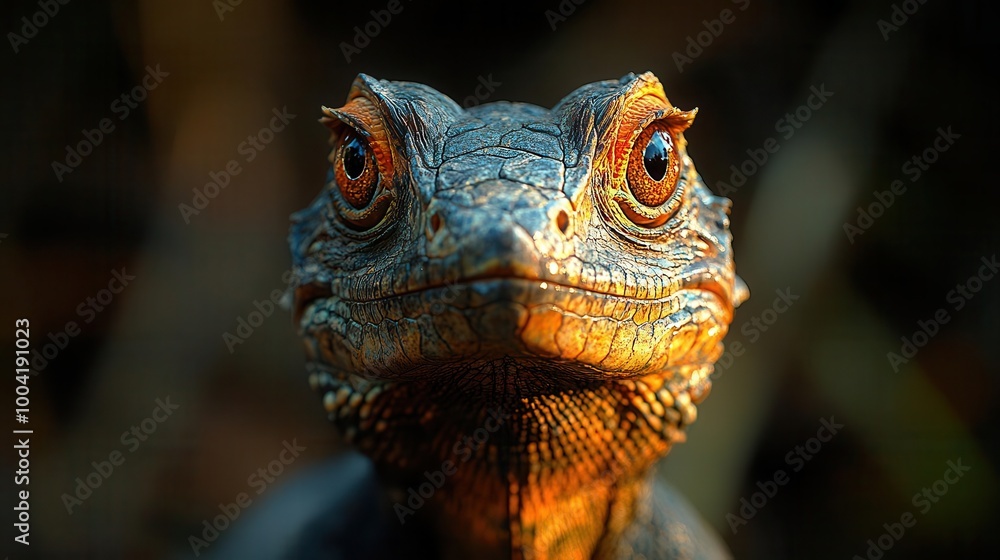 Fototapeta premium fierce reptile lurking in a shadowy forest its scales glistening under the faint light capturing the untamed essence of nature