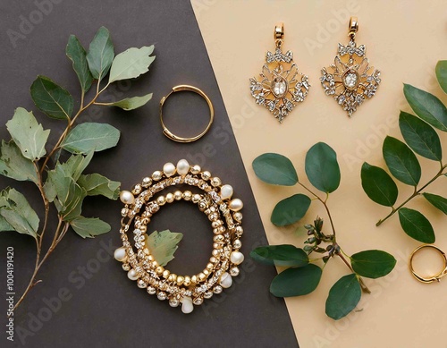 wedding jewelry accessories of gold earrings and bracelets on color backgroundjewelry, jewellery, silver, earrings, gold, bracelet, ring, white, background, necklace, rose, isolated, appraisal, design photo