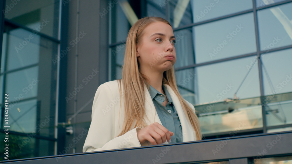Tired Caucasian female woman exhausted impatient corporate executive worker sighing resting lady looking wait on balcony outdoors in city girl businesswoman noticing something business urban boredom Tired Caucasian female woman exhausted impatient corporate executive worker sighing resting lady looking wait on balcony outdoors in city girl businesswoman noticing something business urban boredom