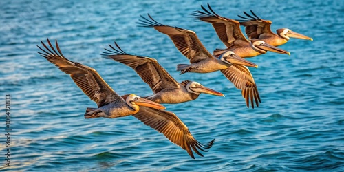 Brown pelican flying over the water and sky photo