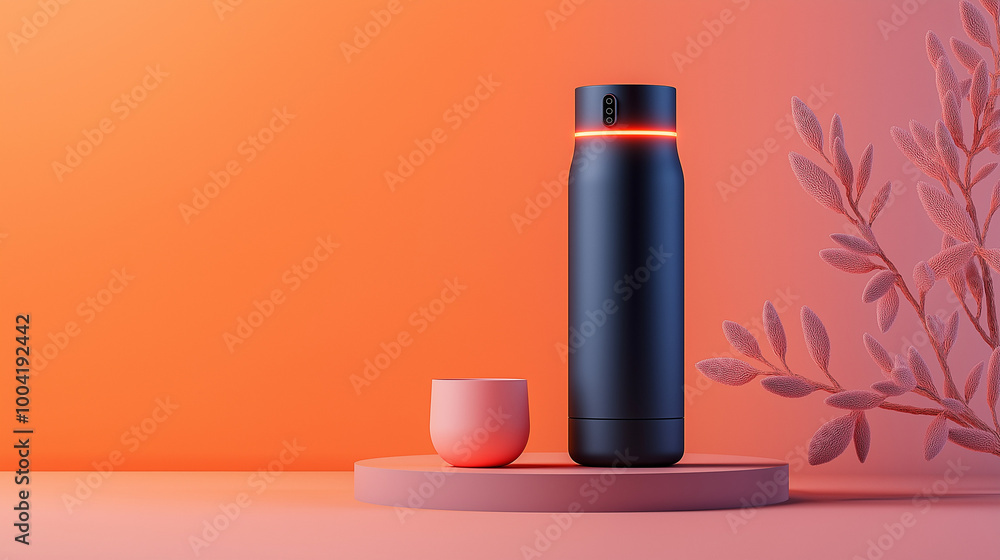 A black water bottle with a red light on the top sits on a pink platform with a pink cup. A black water bottle with a red light on the top sits on a pink platform with a pink cup.