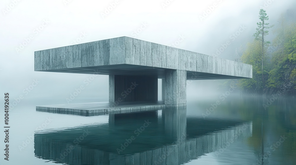 floating concrete slab hovering over a calm reflective water surface in a serene and misty environment creating a surreal and minimalist visual experience floating concrete slab hovering over a calm reflective water surface in a serene and misty environment creating a surreal and minimalist visual experience